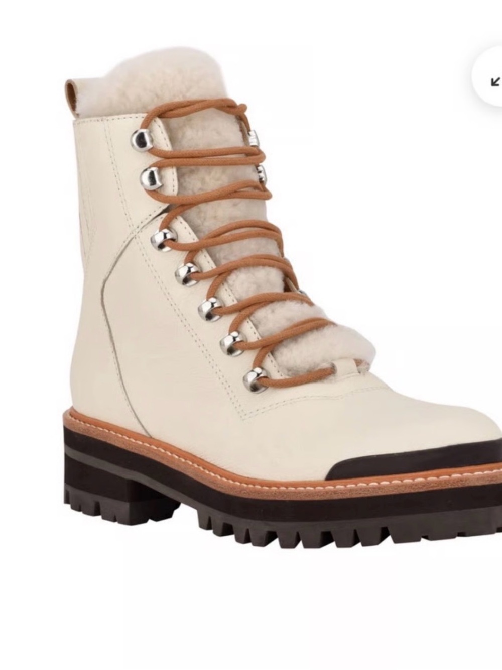 Marc Fisher Cream Shearling Lace-Up Combat Boot with Tan Laces